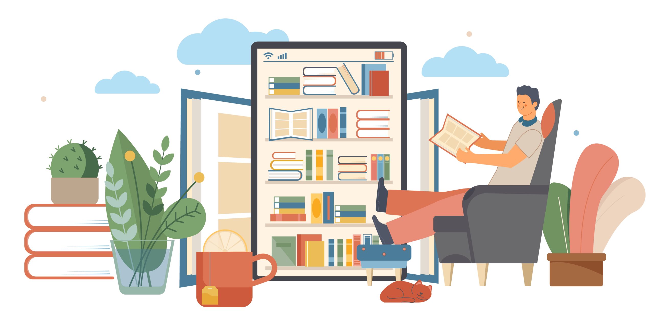 Online library flat composition with electronic book and man reading a book on a tablet at home vector illustration